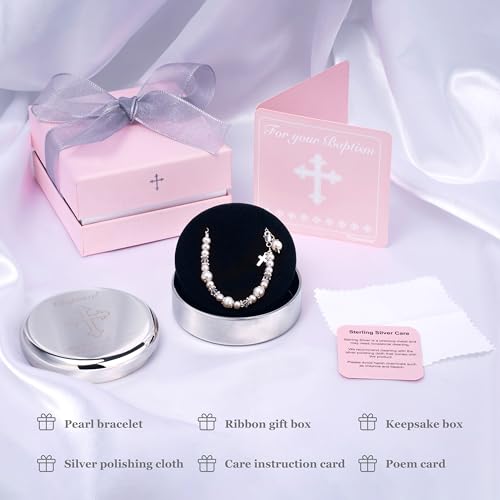 Baptism Bracelet in Sterling Silver and Cultured Pearls for Baby Girls, with Silver-plated Jewelry Keepsake Box, Great Catholic Christening and Baptism Gifts for Girl 6