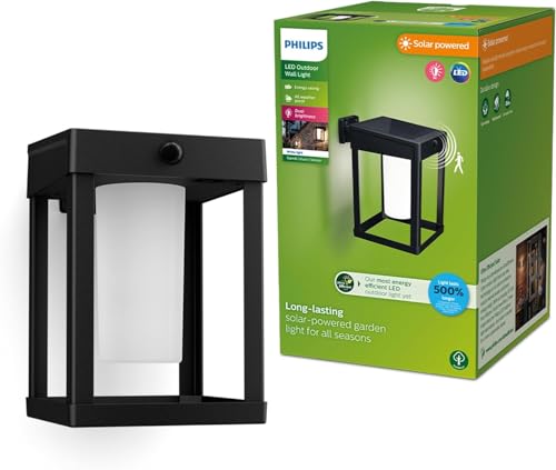 Philips Camill UltraEfficient, Applique murale solaire d'extérieur carrée, 1,4 W, 3000 K, noire, dépolie, détecteur de mouvement, IP44 résistante aux...