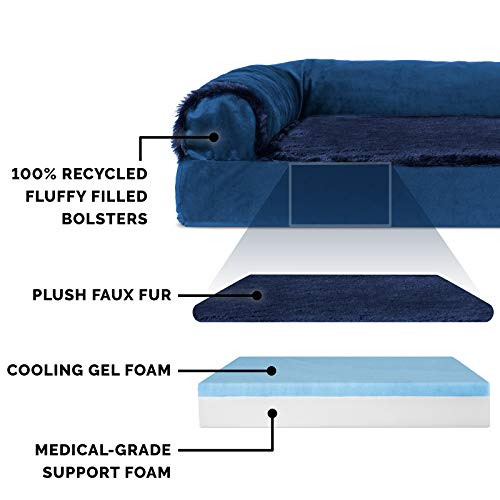 Image of Furhaven Cooling Gel Dog Bed for Large Dogs w / Removable Bolsters & Washable Cover, For Dogs Up to 125 lbs - Plush & Velvet L Shaped Chaise - Deep Sapphire, Jumbo Plus /XXL