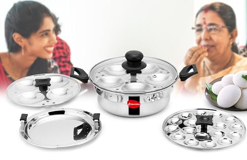 Image of KLASSI KICHEN Stainless Steel Multi Steamer Pot with Glass Lid | Idli Maker with 4 Plates (9 Idlis Each) & Mini Idli Plate | 1.5L Steamer | Gas Stove & Induction Compatible Dhokla & Vegetable Steamer