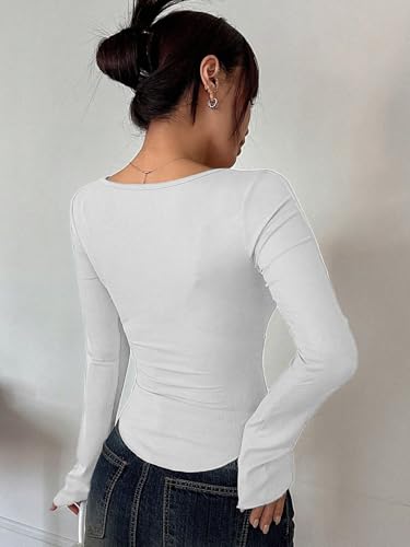 Image of Sugathari Women's Black Solid Long Sleeve Wrap-Style Square Split Crew Neck Bodycon Women T-Shirt Spring and Summer Top, Minimalist and Fashionable for Everyday Casual Wear Tops (T-Shirt 181)