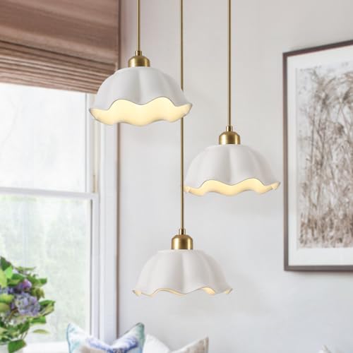 Image of 3 Light Pendant Light Minimalist Style Ceiling Hanging Lamp Retro White Wave Ceramic Lampshade Brass Finish Ceiling Light for Kitchen Island Bedroom Bedside