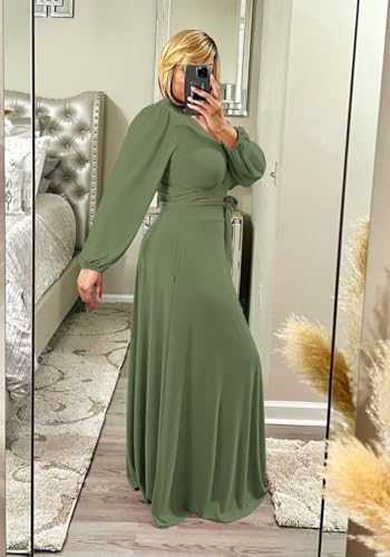 Image of Plus Size Women's 2 Piece Outfits Casual Long Sleeve Wrap Crop Top Maxi Long Dress Flowy Matching Sets