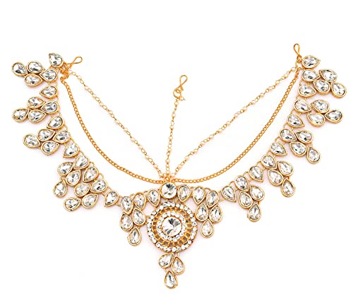 Handicraft Kottage Latest Hair Jewelry Traditional White Pearl Stone Maang Tikka Jewellery | Chain Mathapatti | Bridal tika Jewellery Set for Women & Girls | Maang Tikka for Women