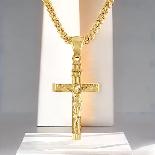 14K Gold Style Curb Chain Cross Pendant Necklace 4MM Cross Necklace Clasp for MEN, HUSBAND Thin for Charms Miami Cuban Link Diamond Cut Religious Crucifix4