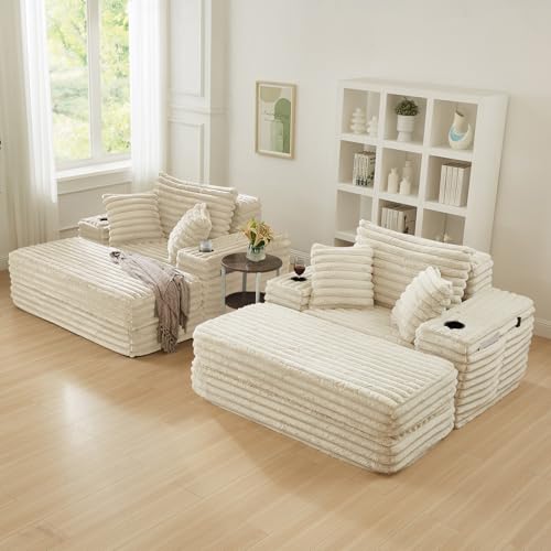 Image of 5-In-1 Oversized Chaise Lounge Chair Indoor with Ottoman,54.5 inchW Faux Fur Convertible Folding Sleeper Sofa Bed with Cup Holder&Side Pocket,Comfy Boneless Couch Sofa Chair for Living Room,Bedroom(Beige)