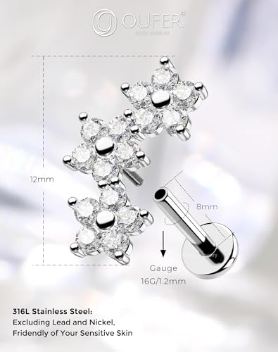 OUFER Curved Floral Helix Piercing, Silver 16G Cartilage Earrings Flat Back Internally Threaded Helix Cartilage Piercing Jewelry for Women Men-8MM — view 3