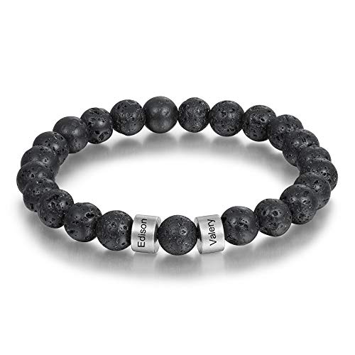 Perle de Pierre Volcanique Naturelle Bracelet élastique Personnalisé avec 2 ~ 5 Nom Perles Bracelet pour Homme Femme 8mm Naturelles Perles Bracelet élastique Cadeau pour Papa Maman Cover