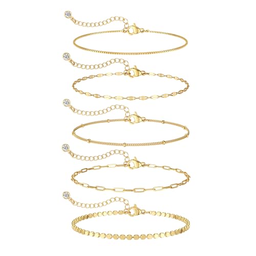Dainty 14K Gold Plated Bracelets for Women, Stackable Satellite Paperclip Lip Bracelet Set Tiny Lip Dot Chain Box Link for Handmade Gift Minimalist Cute Trendy Jewelry Gold Accessories for Women