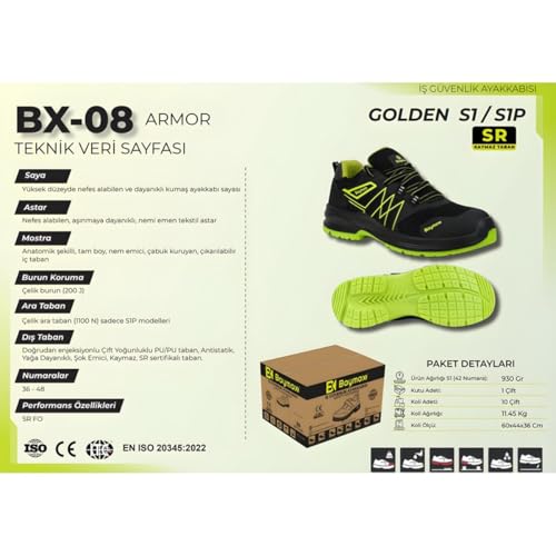 Baymax BX-08 Golden Armor S1 Bağcıklı Yazlık İş Güvenlik Ayakkabısı No:43 (43)