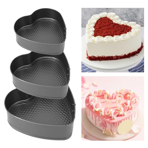 3 Springform Heart Cake Tins Heavy Duty Double Layer Non-Stick Coating Removable Base Heavy Duty Carbon Steel Perfect for Frozen Desserts Oven Safe Bakeware (8/9/10 Inch)