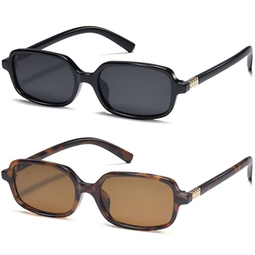 hnbliv Trendy Small Rectangle Sunglasses for Women Vintage Retro Sun Glasses with Thin Narrow Frame 2Pack 90s Y2K Fashion Essential