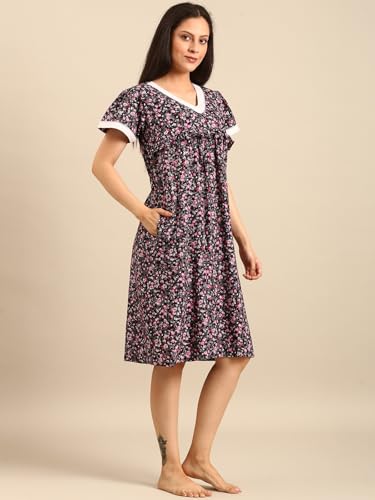 Image of Rupa Jon Aishwarya Women Short Printed Nighty in Premium Cotton Blend Fabric, Midi Length, Night Dress, Three-Fourth Length for Comfortable Everyday Wear