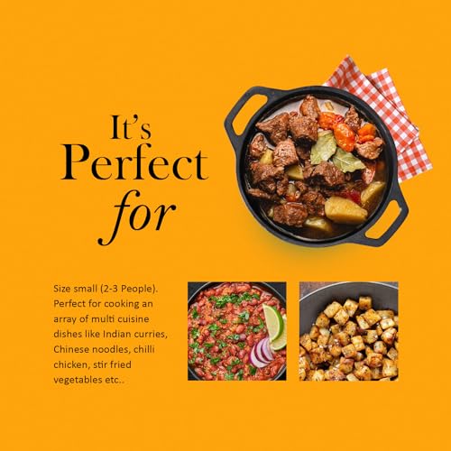 Image of Kichera Pre Seasoned Cast Iron Kadai with 2 Loop Handles (8 Inch) | Non Stick Super Smooth Cast Iron Kadhai 1.9kg | 1.5L Capacity | 21cm Diameter Wok for Deep Frying | Pure & Toxin-Free