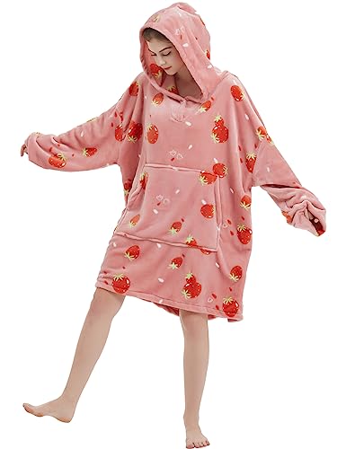 Image of ABENCA Wearable Blanket Hoodie Adult Oversized Sweatshirt Light Flannel Sherpa, Warm and Cozy, One Size Fits All.Strawberry