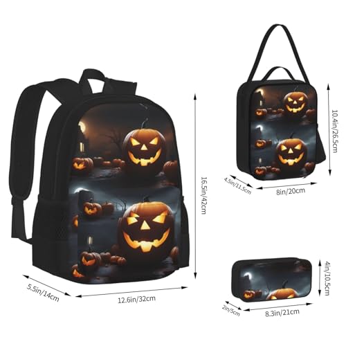 Halloween Pumpkin Print 3 Piece Backpack Set, Laptop Daypack, Lightweight Bookbag Set With Lunch Bag Pencil Case3