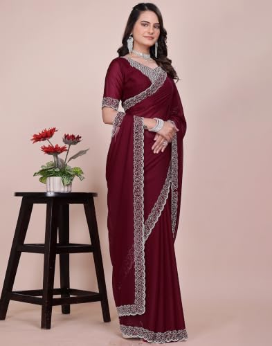 Image of SIRIL Women's Georgette Hot Fixing Stone Work Saree with Unstitched Blouse Piece