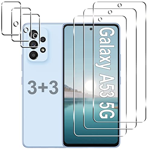 [3+3 Pack] Galaxy A53 5G Screen Protector + Camera Lens Protector HD Tempered Glass Film 9H Hardness Scratch Resistant Easy Installation Bubble Free Screen Protector for Samsung Galaxy A53 5G