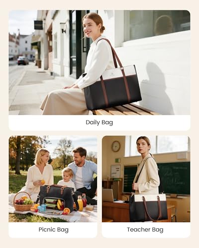 Image of LOVEVOOK Lunch Bag for Women, Leather Work Laptop Tote Bag with Insulated Lunch Compartment&Cup Holder, 15.6 Inch 2 in 1 Lunch Tote for Business, Teacher, Nurse, Office, College, Casual