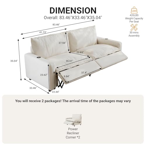 Image of 83.46 inch Power Reclining Sofa with Wireless Charging & Heated Seats,Smart Recliner Sectional Couch,Zero Gravity Recliner Sofa,Deep Seat Cloud Couch for Living Room Home Theater,Beige,2 Seats