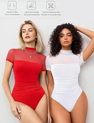 Image of Avidlove Women's Short Sleeve Bodysuit Turtle Neck Body Suits Mesh One Piece Leotard Going Out Tops Date Outfits