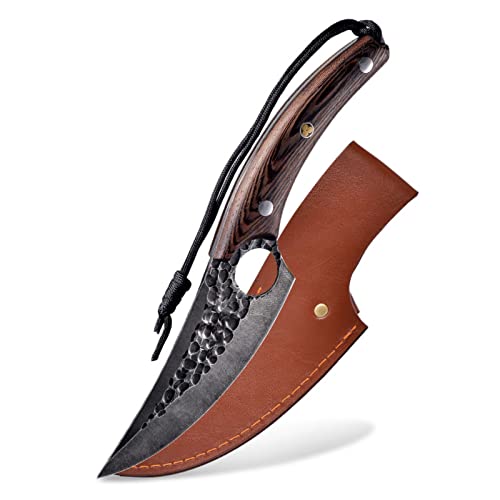 Fubinaty Japanese Chefs Knife Handmade Forged Full Tang Kitchen Knives 5 Inch High Carbon Steel Cooking Knife with Thicken Leather Sheath and Lanyard Ergonomic Wood Handle Design