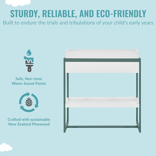 Image of Dream On Me Arlo Changing Table in Jungle Green, Made of Solid New Zealand Pinewood, Non-Toxic Finish, Comes with Water Resistant Mattress Pad & Safety Strap