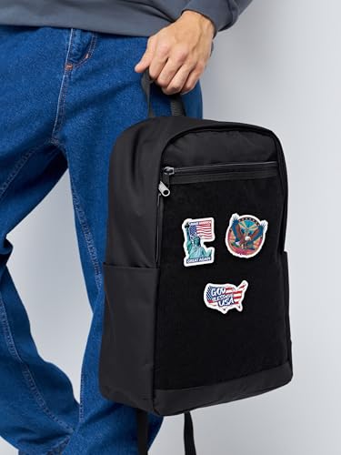 Unisex Large Black Backpack with Sticker & Patches Area, Ideal for Laptop, Travel & Work with 3 USA-Themed Stickers and Patches