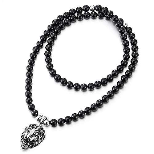 COOLSTEELANDBEYOND Gothic Punk Rock Mens Black Onyx Beads Necklace Stainless Steel Vintage Lion Head Pendant