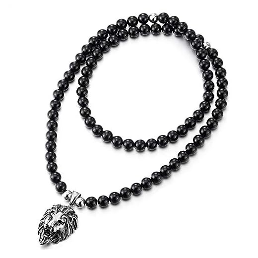 iMECTALII Gotisk punk rock herr svart onyx pärlor halsband med rostfritt stål vintage lejonhuvud hänge