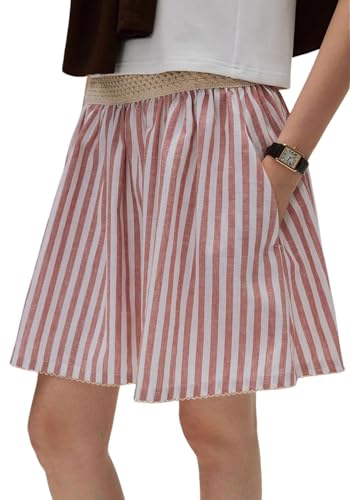 CHARTOU Women Summer Stripes Mini Skirt Striped Crochet Boho Chic Cotton Linen Beach Skirt with Pockets