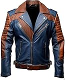 JAKRON Gesteppte Herren-Bikerjacke mit Schultern, marineblau und braun, Leder mit Gürtel und Messingdetails, Blau und Braun – Kunstleder, XL