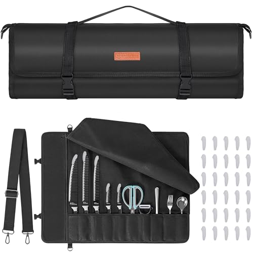 AKOZLIN Chef Knife Roll Bag Upgraded with 10 Slots & 1 Large Zipper Pocket Waxed Canvas Knife Carrier Case Portable with Adjustable Strap and 30 Knife Tip Protectors Black