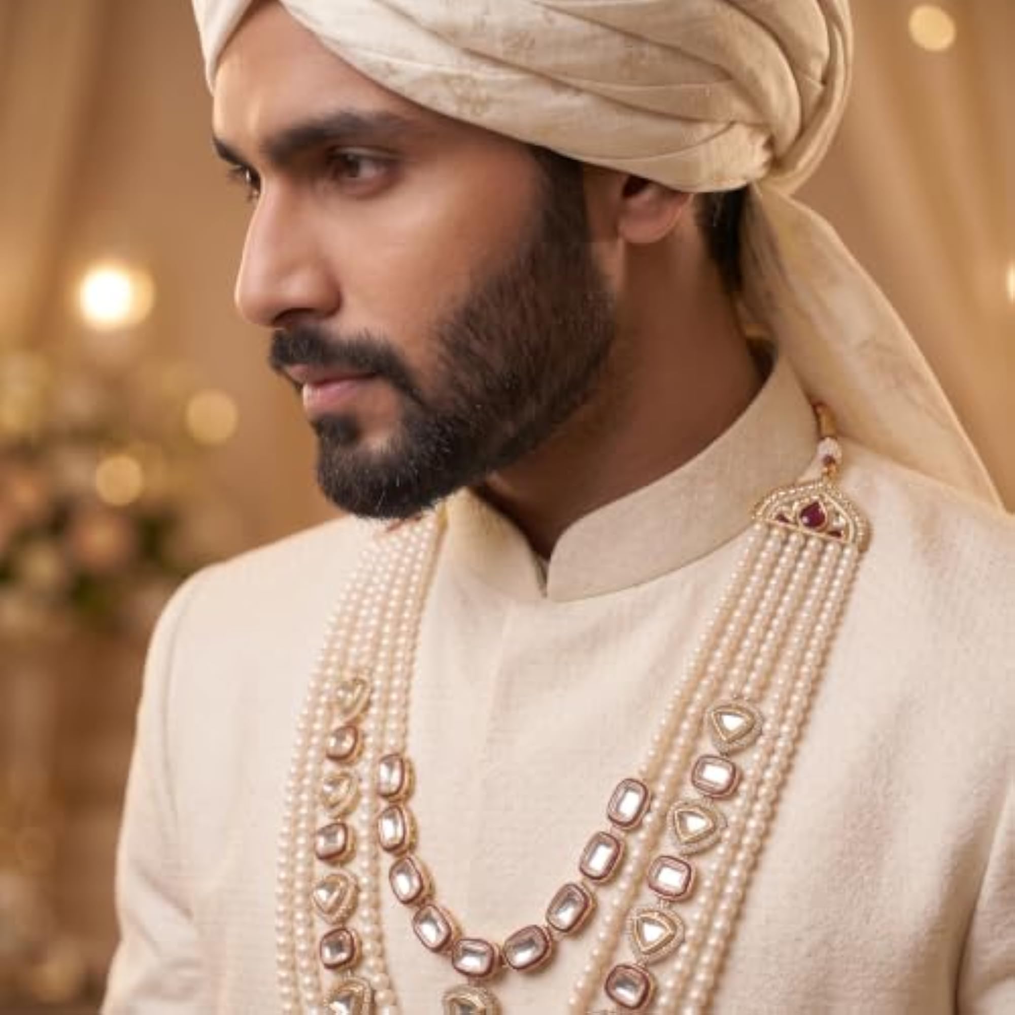 Men's Maroon Kundan & Pearl Dulha Mala for Groom Sherwani