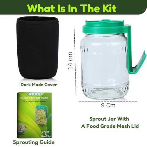 Image of JOOMOUNEY Sprouts Making Glass Jar with Seeds, Sprouter with Mesh Lid | Reusable Sprout Maker Jar for Beans Grains & Seeds | Odor-Free Easy Drainage Hygienic BPA-Free(GREEN PACK OF ONE)