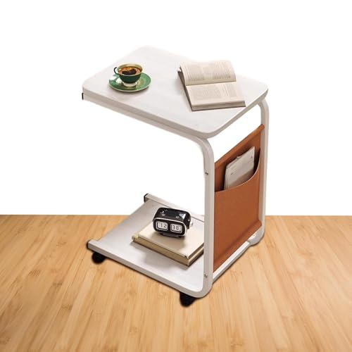 C シェイプ サイド テーブル、エンド テーブル C シェイプ | ローリングキャスター付きソファサイドテーブル,リビングルームソファ2層トレイテーブル、リビングルーム、ベッドルーム、ベッドサイド、狭いスペース用の可動ソファテーブル