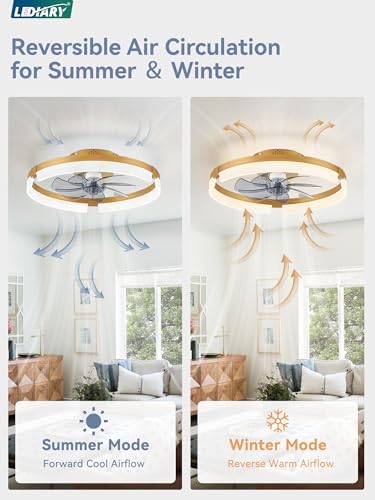 Image of LEDIARY 19.7 Inch Low Profile Ceiling Fans with Lights and Remote, 6 Speeds, 3 CCT, Reversible, Dimmable Flush Mount Fan Light, Modern Ceiling Fan with Light for Bedroom, Gold