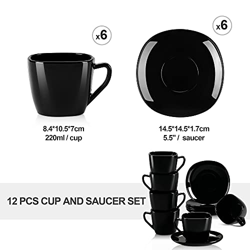 MALACASA Dennis Juego de Cafe y Platillos 6 Tazas 220ml y 6 Platillos 5.5" set de 12 piezas Vidrio Opal Negro - Imagen 3