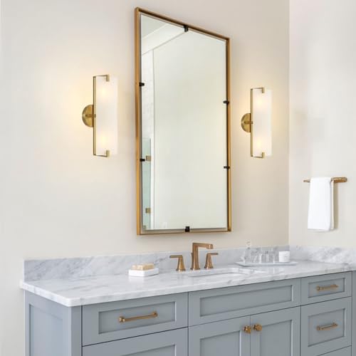 Image of Modern Gold Wall Sconce 2-Lights Mid Century Bathroom Vanity Wall Light Frosted White Acrylic Glass Shade Industrial Pole Wall Mount Lighting Fixture