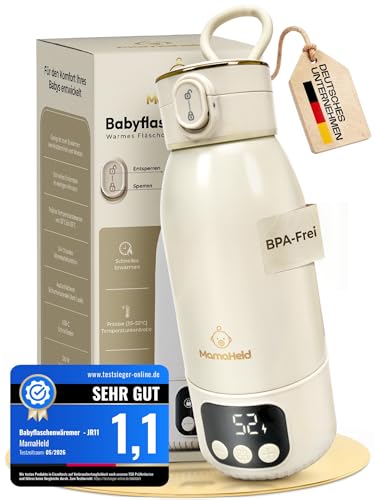 MamaHeld Tragbarer Babyflaschenwärmer für unterwegs Schnelles Aufheizen in 2 Min | 500ml Kapazität | Für Muttermilch & Wasser | BPA-frei | Mehrfach nutzbar pro Tag | inkl. Bürste & Mama Ratgeber