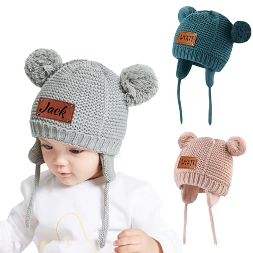Duckbe Custom Name Pom Pom Hat for Baby Double Layer Winter Hat with Earflap Knitted Beanie for Boys and Girls Birthday Gift