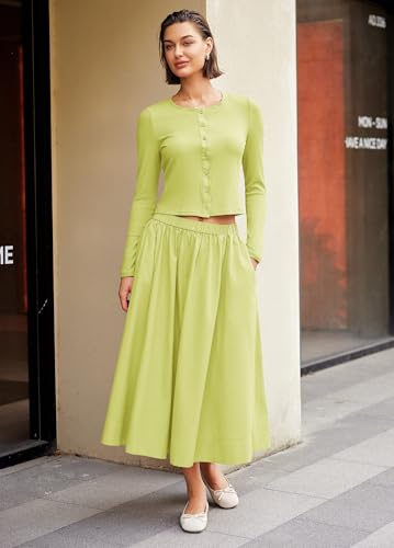 Image of Panadila Womens 2 Piece Lounge Sets Matching Vacation Outfits Ribbed Button Down Cardigan and Elastic Waist Skirt Sets (Palm Green,XL)