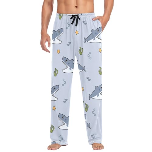 Shark Cartoon Mens Pajama Pants Mens Pj Pants Comfy Cotton Pj Long Pant for Men with Pockets Size S-XXL