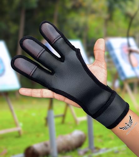 Star Quick Links® Premium Archery Glove Finger Tab Accessories – Thick Vegan Leather Gloves for Recurve & Compound Bow – Adjustable Three Finger Guard for Men Women & Youth (Black)