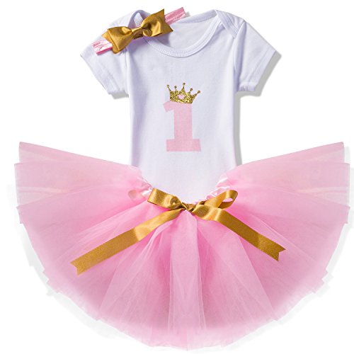 NNJXD Mädchen Newborn 1. Geburtstag 3 Stück Outfits Strampler + Tutu Kleid + Stirnband Größe (1) 1 Jahr Rosa