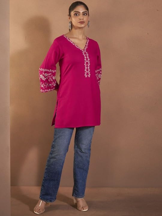 Image of MAHIRA'S Comfort Women's Short Kurti, Rayon Tunic Top with 3 /4 Embroidered Designer Sleeves | Soft Breathable Fabric | Office & Casual Kurti for Jeans, Leggings & Trousers