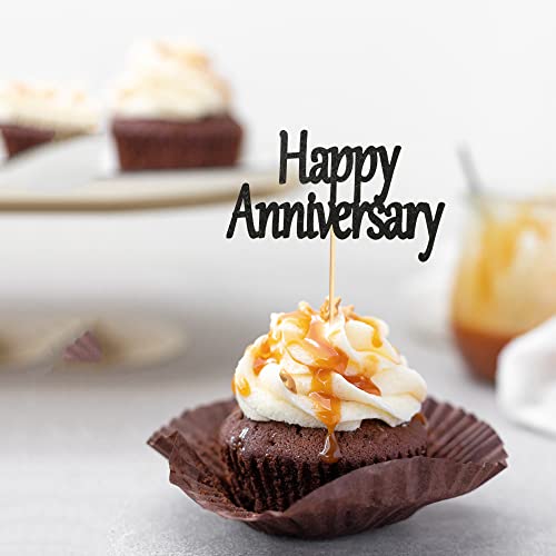 Arthsdite 24Pcs Happy Anniversary Cupcake Toppers Black Glitter Anniversary Cupcake Picks Baby Shower Birthday Wedding Anniversary Party Cake Decorations Supplies #TOP4