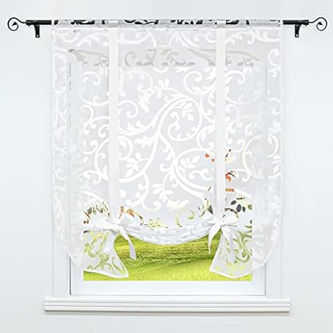 CORLIF Roman Blind with Drawstring Curtains Kitchen Burnout Transparent Curtains Modern Short Window Curtain with Vine Pattern White W x H 60 x 140 cm 1 Piece Cover