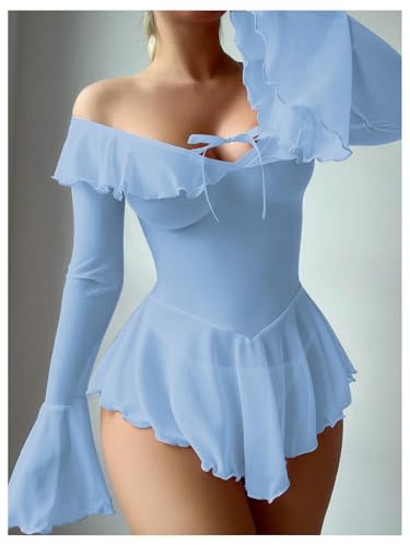 Image of OYOANGLE Women's 2 Piece Off Shoulder Long Sleeve Ruffle Mesh Sheer Nightgowns with Thongs Babydoll Lingerie Set