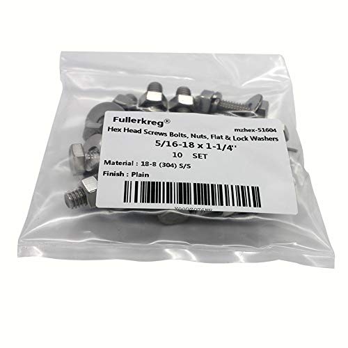 (10 Sets) 5/16-18X1-1/4" Stainless Steel Hex Head Screws Bolts And Nuts Kit, Nuts 5/16, Fender Flat Washer 5/16& Spring Lock Washers 5/16, 18-8 (304) S/S, Fully Threaded By Bolt Fullerkreg #TOP6